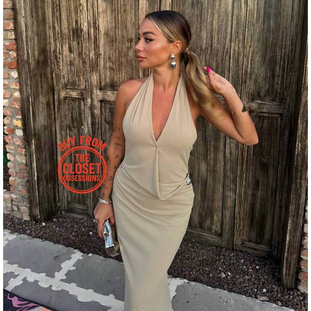 Zara Khaki Halter Maxi Dress Open Back Evening Dress NWT